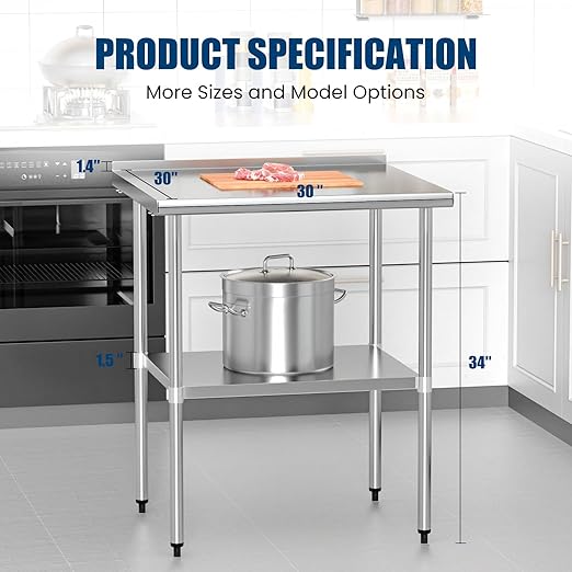 Stainless Steel Table 30 x 30 Inches Metal Prep Table with Backsplash & Adjustable Undershelf, Stainless Table for Commercial Kitchen, Outdoor, Restaurant, Hotel & Garage