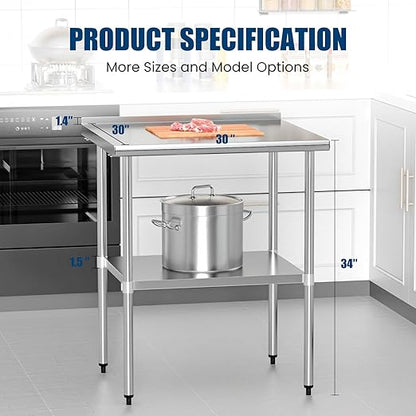Stainless Steel Table 30 x 30 Inches Metal Prep Table with Backsplash & Adjustable Undershelf, Stainless Table for Commercial Kitchen, Outdoor, Restaurant, Hotel & Garage