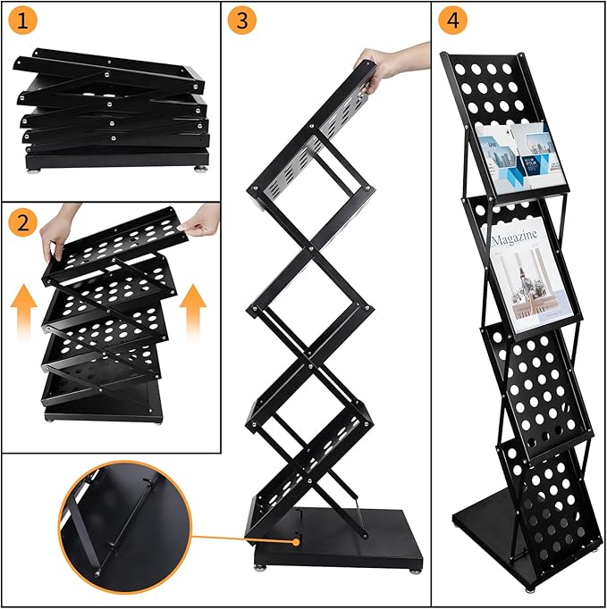 4 Pockets Folding Magazine Rack，Floor Metal Black Literature Rack with Case Brochure Stand Literature Stand Catalog Holder Stand Flyer Display Stand for Trade Show Exhibition Office Retail