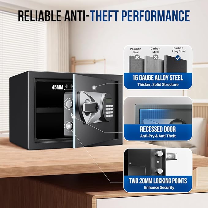 BlackSmith Home Safe 1.0 Cub Biometric Safe Box Fingerprint Recognition Security Safe with Keys Keypad Lock Box Secure Jewerly Valuables Wall Mount Cabinet Safe with LCD Display Dual Alarm System