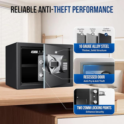 BlackSmith Home Safe 1.0 Cub Biometric Safe Box Fingerprint Recognition Security Safe with Keys Keypad Lock Box Secure Jewerly Valuables Wall Mount Cabinet Safe with LCD Display Dual Alarm System