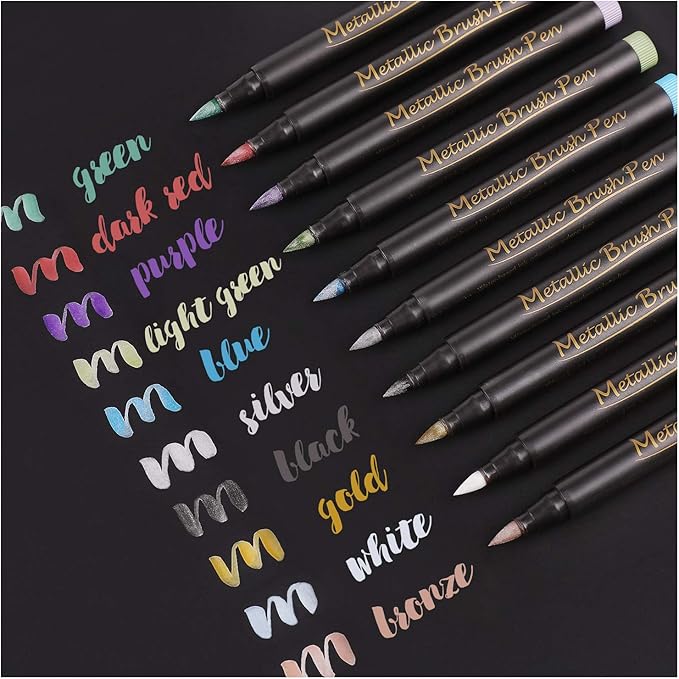 Dyvicl Metallic Brush Marker Pens - Metallic Pens Art Markers for Calligraphy, Brush Lettering, Black Paper, Rock Painting, Card Making, Scrapbooking, Fabric, Metal, Ceramic, Wine Glass, Set of 10