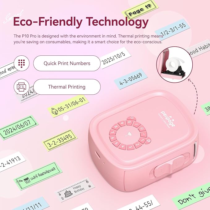 Portable Label Maker Machine P10Pro - Wireless Bluetooth Label Printer with Tape Included, Multiple Templates, Easy to Use for Office and Home Organization, USB Rechargeable（Pink）