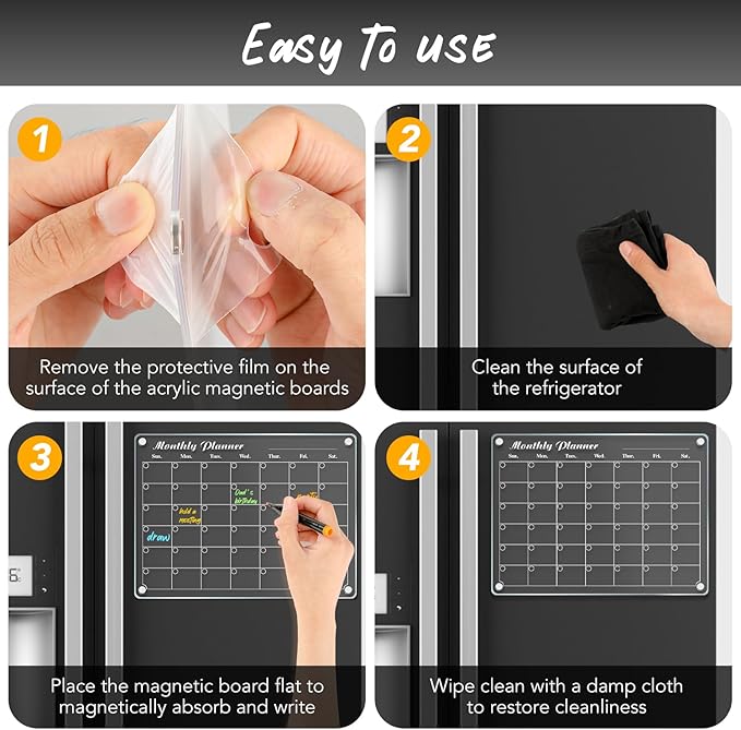 DIYMAG 3Pcs Acrylic Magnetic Dry Erase Calendar for Fridge, Clear Acrylic Calendar Planning Board Set Magnetic Weekly Monthly Planner Menu for Refrigerator with 6 Highlight Markers