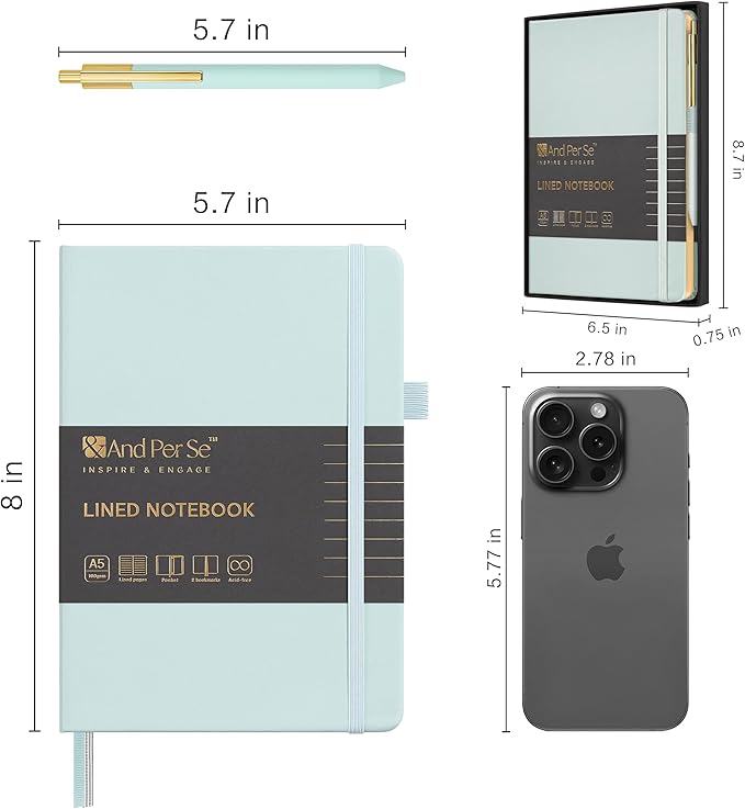 A5 Lined Leather Journal and Pen Set, Hardcover Notebook with Pen, 160 Pages 100gsm Thick Ruled Paper for Men Women, for Work, Business, School or Home Writing, 5.7'' x 8'', Gift Box Included(Cyan)