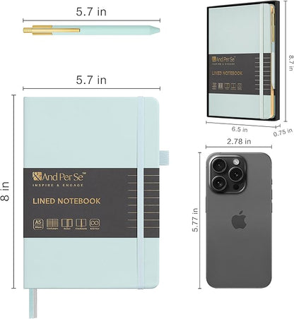 A5 Lined Leather Journal and Pen Set, Hardcover Notebook with Pen, 160 Pages 100gsm Thick Ruled Paper for Men Women, for Work, Business, School or Home Writing, 5.7'' x 8'', Gift Box Included(Cyan)