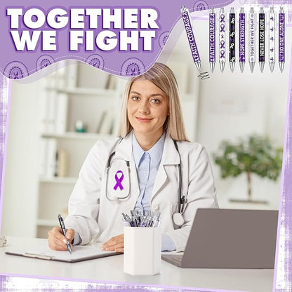 48 Pcs Purple Ribbon Awareness Pens Cancer Awareness Ballpoint Pens Bulk Faith Courage Hope Strength Health Awareness Favor Gifts for Animal Abuse, Alzheimer's, Lupus and Pancreatic Cancer
