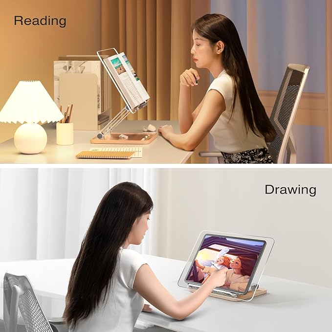 Adjustable Acrylic Book Stand for Reading, UPERGO Book Holder with Pen Slot, Foldable Desktop Riser for Laptop, Recipe, Textbook - Hands-Free,Cookbook Stand, Clear Design with Page Clips