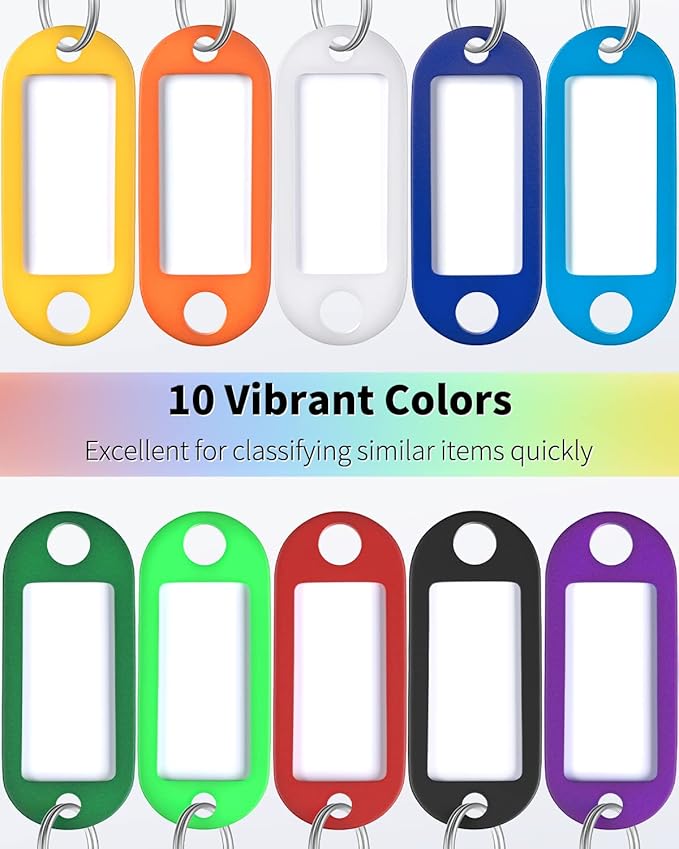Uniclife 2 Inch Colorful Key Tags Soft Plastic Key Chain Tags with Blank Paper Labels Clear Windows Protective Films and Split Rings Flexible Item Identifiers in 10 Assorted Colors, 200 Pack