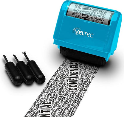 Veltec ID Protector Ink Roller - Identity Theft Protection Roller Stamp Set (Blue, Stamp+3 Refills)