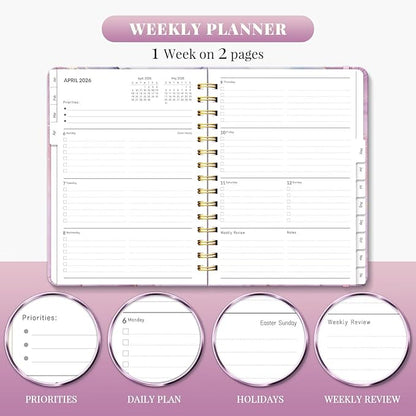 2026 Planner, A5 Weekly and Monthly Planners with Tabs, Spiral Bound Daily Calendar 2026 Planner, Agenda Organizers from Jan. to Dec., Hardcover Habit Tracker Journal 6.18" x 8.5"(Light Purple)