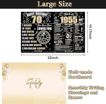Large 70th Birthday Card With Envelope for Men Women, 1955 Black Gold Happy 70th Birthday Giant Guest Signature Book Gifts, Big Vintage 1955 70th Greeting Card Decoration Party Supplies