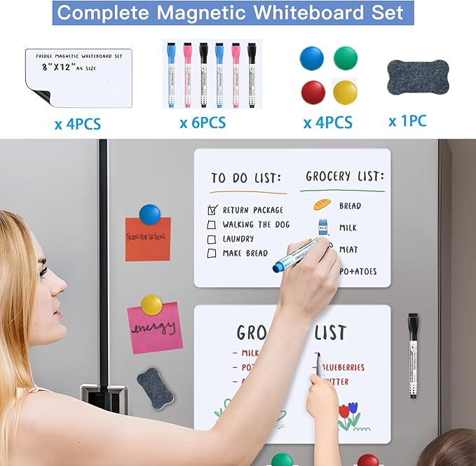 Magnetic Fridge Whiteboard Set: Dry Erase White Board (12X8"), Magnets (Bonus), Markers & Erasers