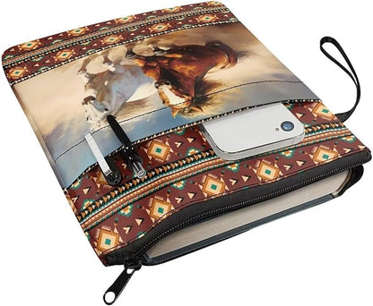 COEQINE Aztec Horse Book Covers Kids Hardcover Book Cover with Pockets Western Animal Book Sleeves with Pocket Book Organizer Pouch with Chain Portable