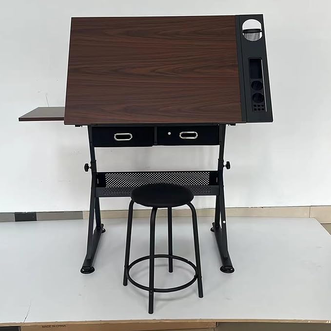 Drafting Table Art Desk Drawing Table Height Adjustable Artist Table Tilted Tabletop w/Drafting Stool and Storage Drawer for Reading, Writing (One stools)