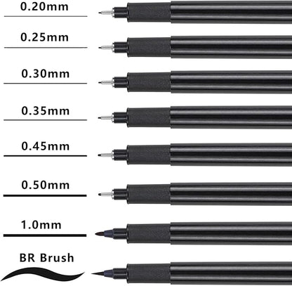 Muchcute Micro Fineliner Drawing Art Pens: 8 Black Fine Line Waterproof Ink Set Artist Supplies Archival Inking Markers Liner Professional Sketch Outline Crafts Sketching Watercolor Zentangle Stuff