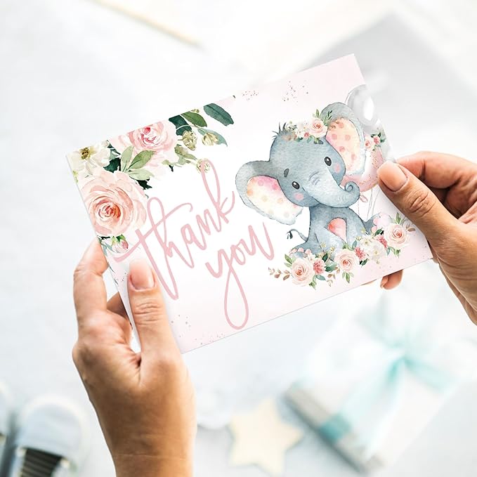 Whaline 24 Pack Baby Shower Thank You Cards Elephant Flower Greeting Cards with Envelopes Stickers Pink Floral Animal Blank Note Cards for Birthday Party Invitation Supplies, 4 x 6 Inch