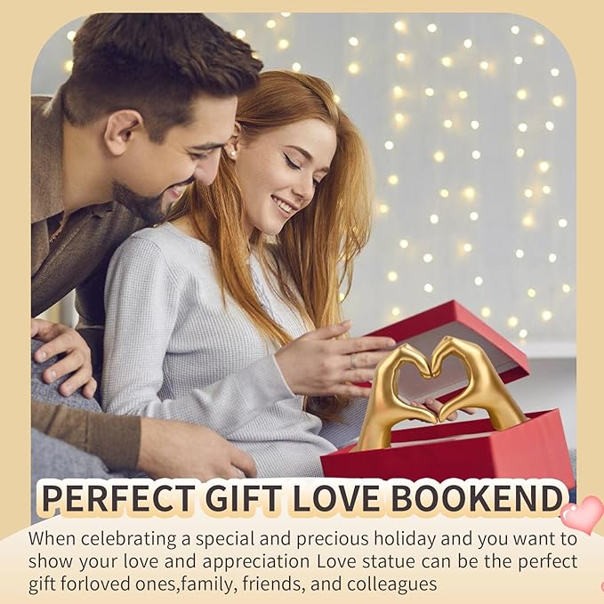 Gold Decorative Bookends for Shelves, Heart Hands Book Ends Sculpture Aesthetic Decor for Bedroom Living Room Merch Apartment Bookshelf Birthday Women Decorations Stuff Aesthetic