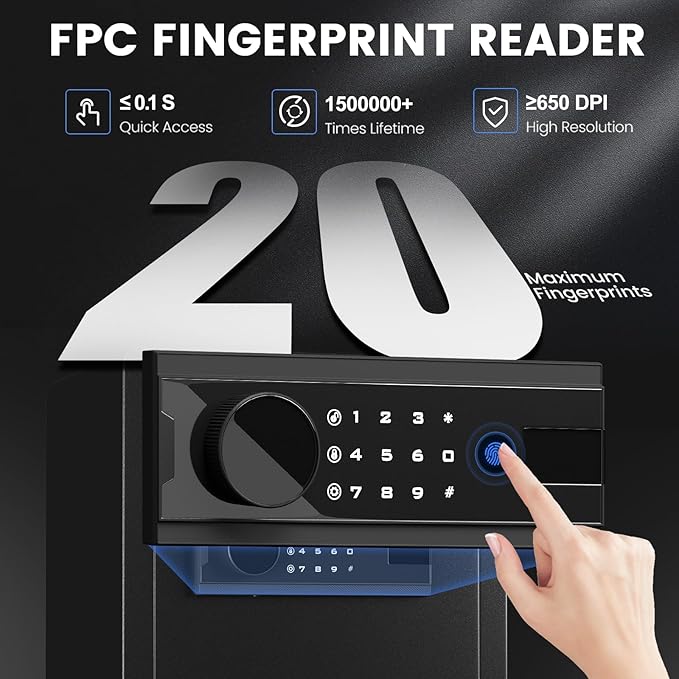 Kavey 2.0 Cub Biometric Safe Box, Fingerprint Safe with Backlit Touch Screen Keypad and Dual Alarm System, Money Safe With Mute Function and LED Light