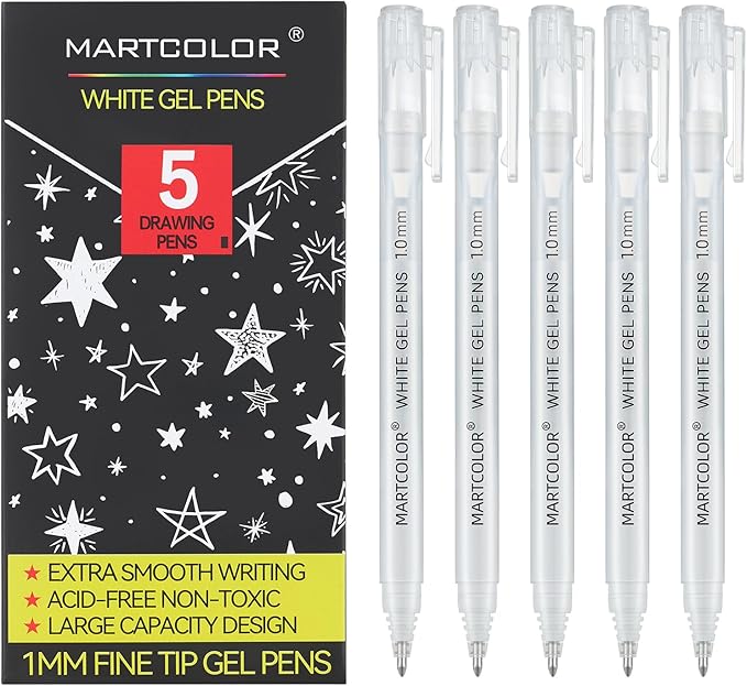 White Gel Pens, 5 Pack, 1 mm Extra Fine Point Gel Ink Pen, Opaque Archival Ink Pens for Black Paper Drawing, Art Highlight, Sketching, Illustration, Card Making