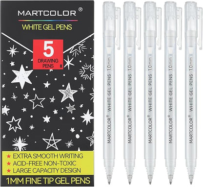 White Gel Pens, 5 Pack, 1 mm Extra Fine Point Gel Ink Pen, Opaque Archival Ink Pens for Black Paper Drawing, Art Highlight, Sketching, Illustration, Card Making