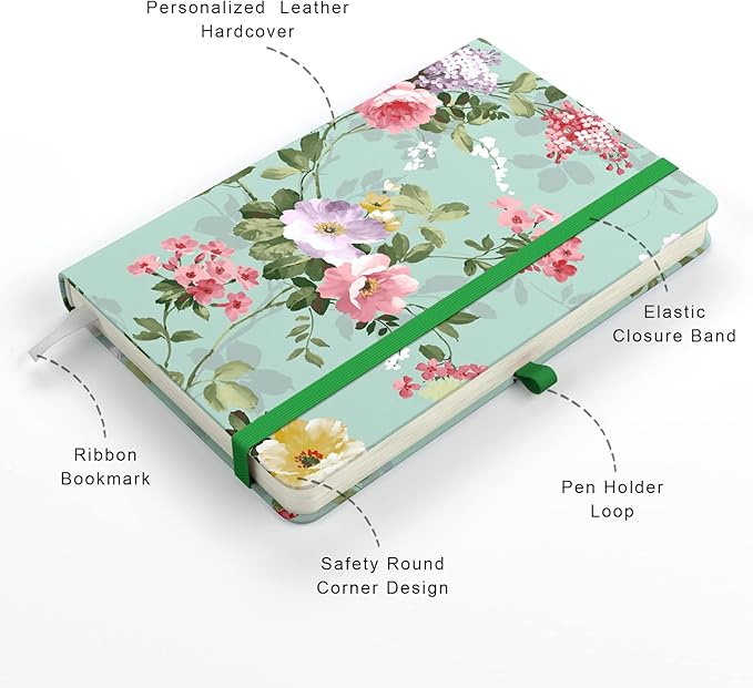Small Notebook, Mini Pocket Journal A6 5.7" x 3.9", Leather Hardcover Journal with Pen Holder, 160 Thick Papers, Cute Lined Notebook Small Notepad for Women Writing Work Travel, Graceful Peony