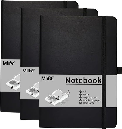 A6 Small Journal Notebook, Lined Pocket Notebook with Pen Holder, Mini Notebook Hardcover, 192 Pages, 3.9 inches * 5.5 inches Jurnal for Women and Man (3 Pack Black)