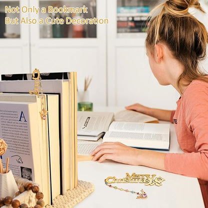Metal Bookmark Cute Book Accessories Gifts for Women Teacher Readers Book Lovers for Christmas Mother's Day (Merry Christmas Gold)