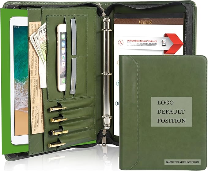 Free Engraved Name, 3 Ring Binder Padfolio, Vegan Leather Portfolio with a4 Clipboard, 3 Ring Padfolio A4 Organizer, Resume Planner, Green, Gift for Men/Women,Customized