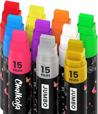 Chalkola Neon Car Window Markers - 10 Chalk Pens (with Gold, Silver) - 3 in 1 Nib, 15mm Jumbo Tip - Washable Liquid Chalk Markers for Blackboard, Chalkboard, Glass, Cars - Erasable Window Glass Pens