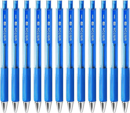 Writon Retractable Ballpoint Pens, Triangle Grip and Barrel, 1.0mm Medium Point, Blue Ink, 12 Pack