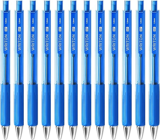 Writon Retractable Ballpoint Pens, Triangle Grip and Barrel, 1.0mm Medium Point, Blue Ink, 12 Pack