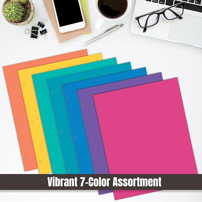 2 Pocket Folders, Assorted 7 Vibrant Colors with Complementing Interior Colors, Fits Letter Size Paper, for School, Office, Home (3 Hole Punched, 25)