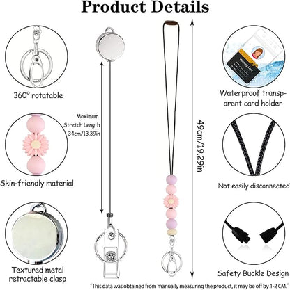Colorful ID Badge Holder with Silicone Beads Lanyard Set,Cute Teacher Breakaway Lanyard for Keys & Keychain with Cute Retractable Badge Reel Holder,Gift for Women,Nurse, Teacher. (Pink Daisy 1)