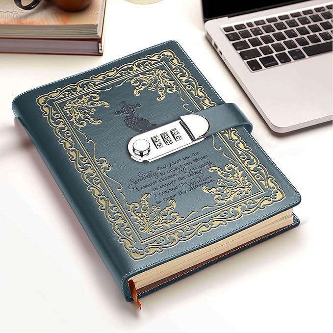 Bible Verse Gift God Grant Me The Serenity to Accept The Things A5 Locking Leather Journal Christian Gift Refillable Writing Notebook with Lock Password (God Prayer-Grey)