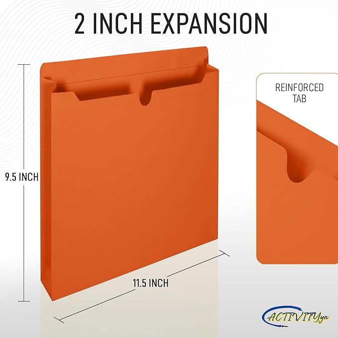 Orange File Jackets, 2 Inch Expansion, Letter Size, Reinforced Straight-Cut Tab, 6 Pack