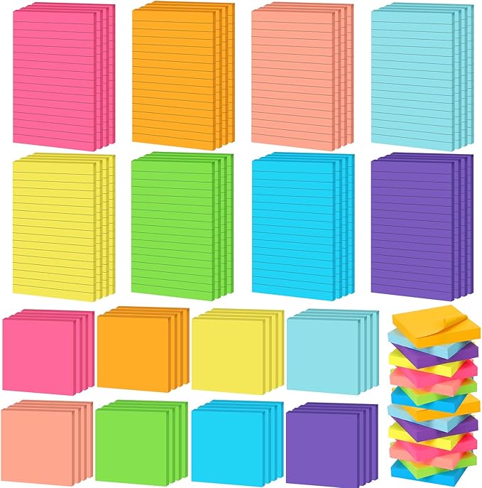 Yexiya 64 Pcs Lined Sticky Notes Self Stick Notes with Lines Bright Assorted Colors Sticky Notes for Home Office Products Post Memos, 1920 Sheets(4 x 6 Inch, 3 x 3 Inch,Stylish Color)