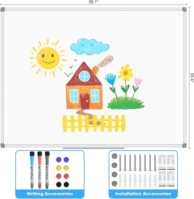 Large 60" x 40" Magnetic Dry Erase White Board - Wall Mounted Whiteboard with Pen Tray, Aluminum Message Presentation Memo Board for Office & School