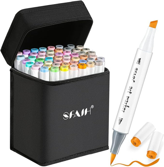 SFAIH Pastel Alcohol Markers Brush Tip - 51 Colors Double Tipped Art Markers for Artist Adult Coloring Illustration, Gifts for Artist Adult, Dual Tip Brush & Chisel - Refillable Ink
