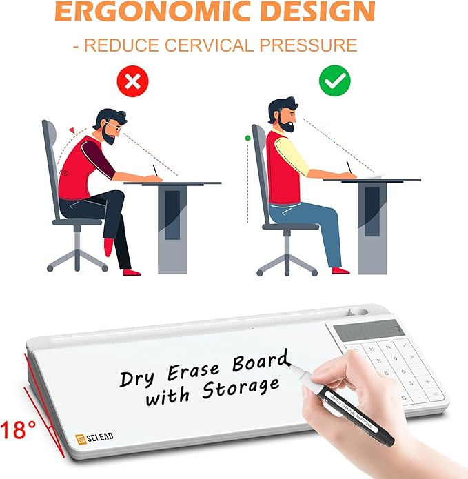 SELEAD Desktop Glass Whiteboard with Calculator & Built-in Mirror, Dry Erase White Board Computer Pad Keyboard Stand with Organizer Drawer, Desk Accessories for Home, School, Office
