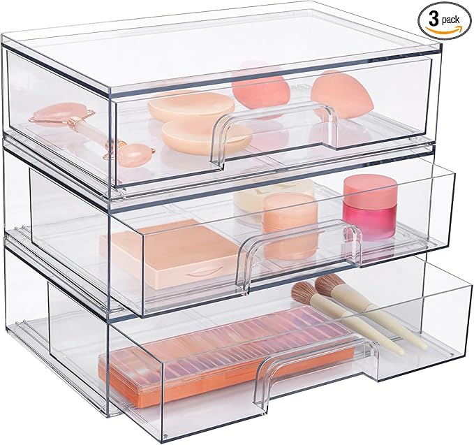 Vtopmart 12.1''W Clear Stackable Storage Drawers,3 Pack Acrylic Plastic Organizers Bins for Makeup Palettes, Cosmetics, and Beauty Supplies,Ideal for Vanity, Bathroom,Cabinet,Desk Organization