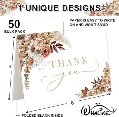 Whaline 50 Pack Boho Floral Thank You Cards Boxed Retro Flower Note Cards with Envelopes Stickers Fall Blank Cards for Thanksgiving Bridal Shower Baby Shower Wedding Supplies, 4 x 6 Inch