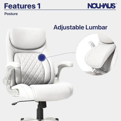 Nouhaus +Posture Ergonomic PU Leather Office Chair. Click5 Lumbar Support with FlipAdjust Armrests. Modern Executive Chair and Computer Desk Chair (White)