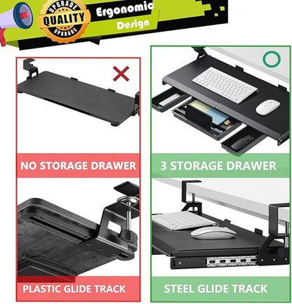 ETHU Keyboard Tray Under Desk, Pull Out Keyboard & Mouse Tray with C-clamp, Ergonomic Desk Keyboard Tray Slide Out, Pull Out Platform Drawer for Home and Office（Black）