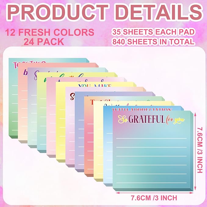 Yinder 24 Pcs Inspirational Sticky Notes with Lines Cute Motivational Sticky Notes Pad Employee Appreciation Gifts Bulk for Teacher Nurse Coworkers Office Supplies 3 x 3''(Classic Color,Thankful)