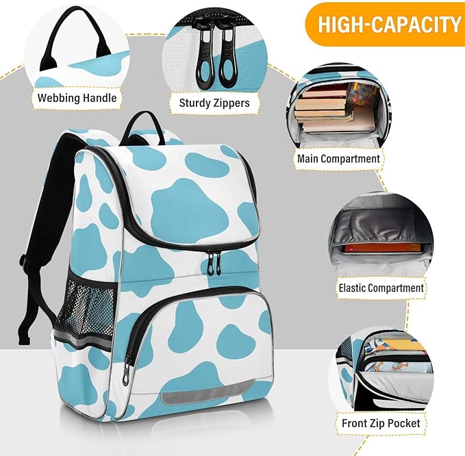 Cow Print Backpack with Reflective Strip for Kids Boys Girls Elementary School Bag Removable Chest Strap