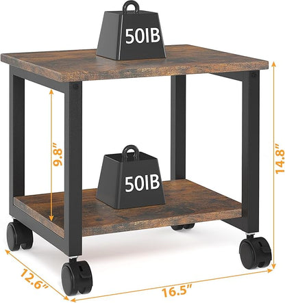 Under Desk Printer Stand, 2-Tier 16.5''x 12.6''x 14.8'' Rolling Printer Stand Storage Shelves for Printer, Scanner, Fax Machine, Files, Books with Anti-Skid Feet for Home, Office, Brown
