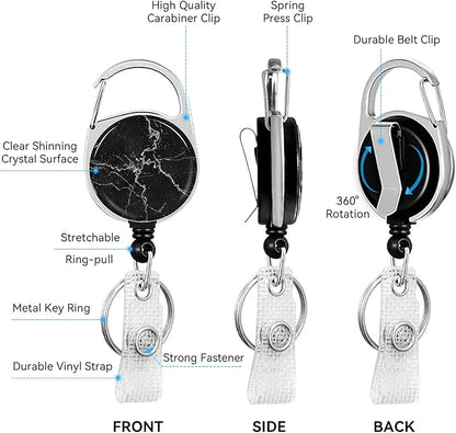 Black Marble Badge Holder with Retractable Reel and Breakaway Lanyard，Badge Clips Retractable Heavy Duty Badge Reel，Keychain，ID Holder with Breakaway Lanyard for School Nurse Office Teen…