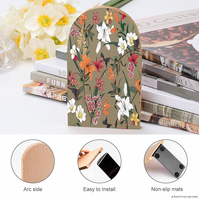 2 Pack Wood Bookends, Spring Floral Flowers Butterfly Non-Skid Book Ends for Heave Books, Decorative Bookends for Shelves Desk, Book Stoppers Book Holders for Home Office Library School