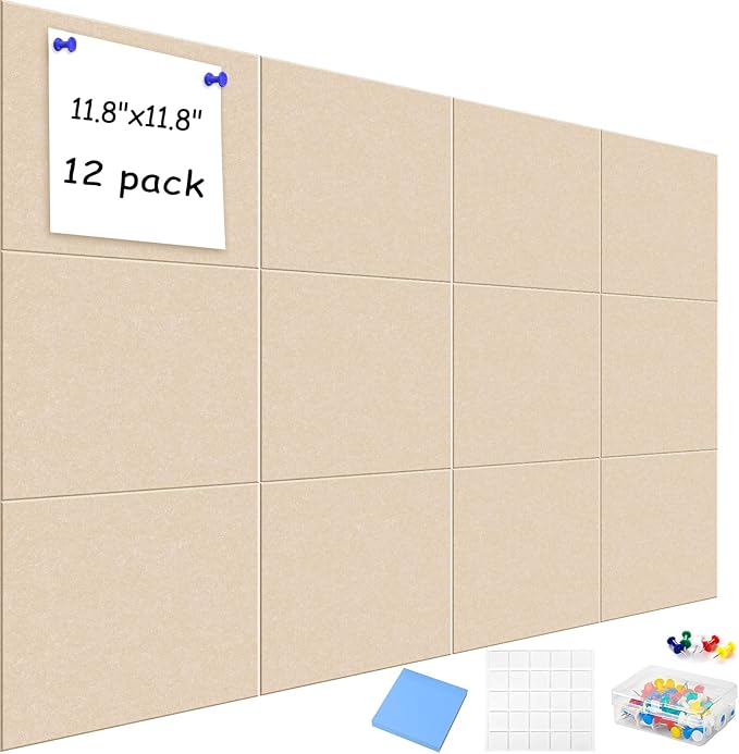 Large Cork Board Alternative for Walls, 47"x35" 12 Pack Felt Wall Tiles Bulletin Board with 30 Push Pins, Sticky Notes, Cork Boards for Office Pin Board Tack Board Felt Boards (Deep Camel)